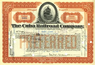 William Cornelius Van Horne Signed Cuba Railroad Co Stock • $250
