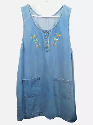 Vintage 90's Embroidered A Line Denim  14-16 Jumper Dress Cottagecore Pockets • $24.99