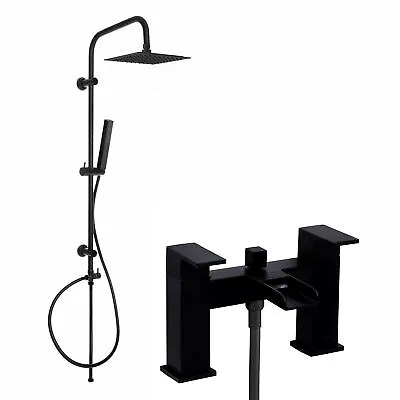Matt Black Square Waterfall Bath Shower Mixer Tap & Rigid Riser Shower Rail Kit • £199.99