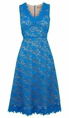 Oasis Guipure Heavy Rich Blue Floral Daisy Crochet Lace Midi Dress 14 Was £150 • £28.99