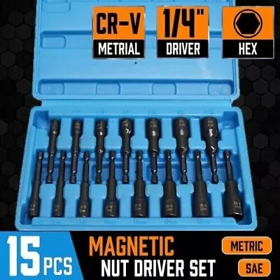 15pc Magnetic Nut Driver Setter Bit Nut Driver MM & SAE 1/4  Shank Quick Change • $16.47