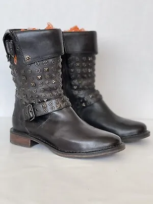 Ugg Black Leather Conor Studs Moto Buckle Boots Zip Women Us 7.5m/eur 38.5/uk 6 • $145