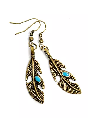 Feather Earrings Turquoise Enamel American Indian Style Bronzed Costume Fashion • $9.70