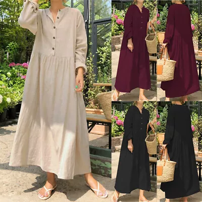 $29.36 • Buy Women's Linen Cotton O Neck Dress Sundress Ladies Swing Maxi Dressess Plus Size