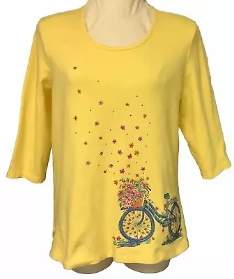 Quacker Factory Embellished Cotton Tee Top Flowers Bike Motif Yellow Large • $16.99