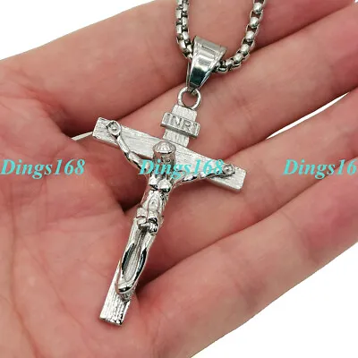 18K White Gold Filled TarnishResist Jesus Cross Pendant Box Chain Necklace Z123W • $18.74