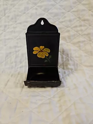 VTG Tin Metal  Match Box Holder Wall Mount Black With Yellow Flower 6 Inches • $12.99