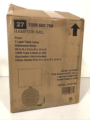 Hampton Bay Finch 22 In. Distressed White Ribbed Table Lamp White Linen Shade • $35.59