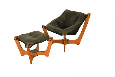 Mid Century Leather Luna Sling Lounge Chair Ottoman By Hjellegjerde Norway • $2495