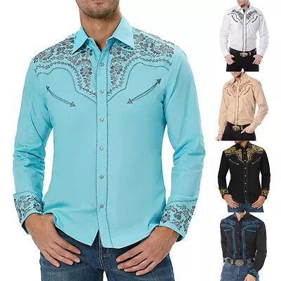 Men's Western Cowboy Shirt Long Sleeve Retro Printing Casual Buttons Down Shirts • £6.56