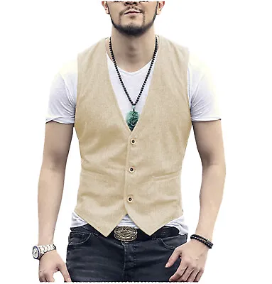 Summer Mens Cotton Linen Vest Comfort Retro Vintage Waistcoat Large XL XXL 3XL • $29.68