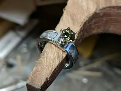 Authentic 6mm Wide Meteorite Engagement Ring With Moldavite Round Center • $897.93