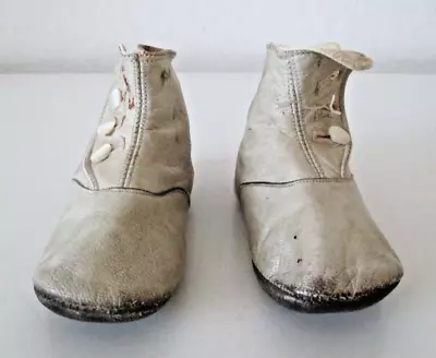 Victorian Edwardian Toddler Baby Size Child's White Leather Button Shoes  Az45 • $19.99