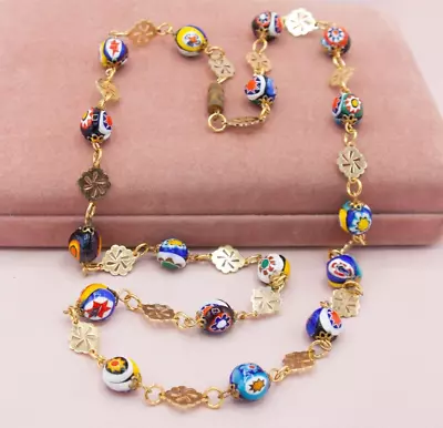 Vintage Murano Millefiore Italian Art Glass Gold Filigree Necklace • $74.95