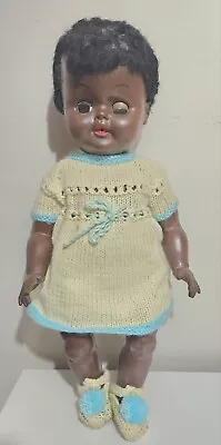 Black Baby Doll Girl With Knitted Clothing & Booties Vintage 48cm • $30