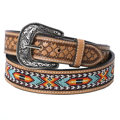 82KK HILASON Western Leather Beaded Belt Handtooled Men Women Unisex • $59.95