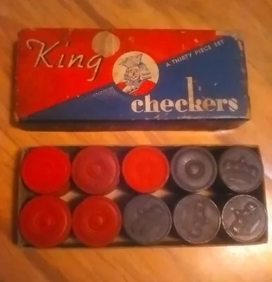 Vintage King Checkers Game Playing Pieces In Original Box Great Graphics • $11.16
