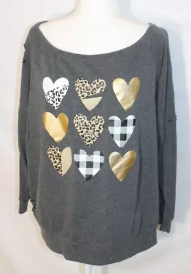 Cato Sweatshirt Size Xl Charcoal Gray Gold  Cheetah Heart Prints Destroyed Round • $14.95