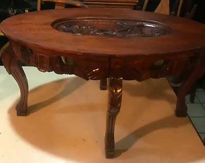 Carved Walnut Coffee Table With Glass Serving Tray  (CT-137) • $599
