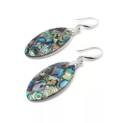 Rainbow Paua Oval Earrings Natural Abalone Shell Dangle Drop Sterling Silver • £13.98