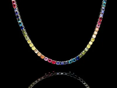 Multi-Color Rainbow Gemstone Tennis Necklace 925 Sterling Silver 4mm Chain 16  • $199.99