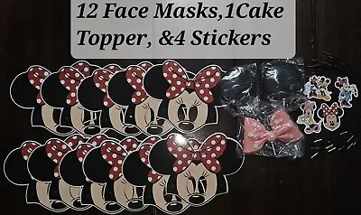 Minnie Mouse Party Supplies Decorations-12Face Masks 1 Cake Topper 4 Stickers • $12