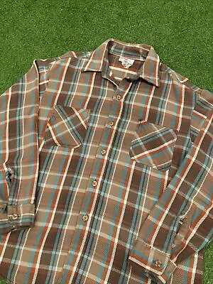 Vintage 70s Big Mac JC Penney Plaid Shirt Flannel Large Teal Orange Brown Frayed • $40