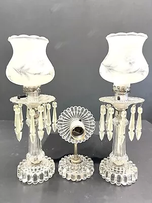 Pair Of Crystal Vintage Hurricane Boudoir Lamps~with Frosted &Clear+ Wall Sconce • $64.66