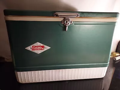 Vintage Coleman  Green Metal Cooler - Diamond Pattern On Lid - 1956- Nice • $69