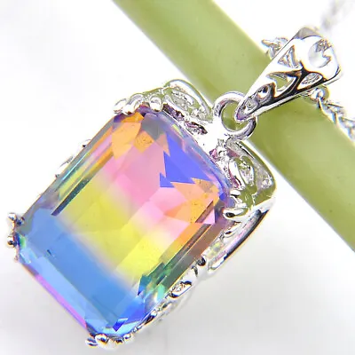 Romantic Rectangle Rainbow Mystic Fire Topaz Gemstone Silver Necklace Pendants • $5.62