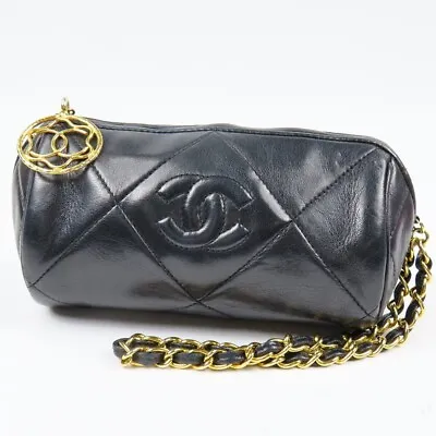 CHANEL CC Logo Matelasse Chain Hand Bag Clutch Pouch Leather Black GHW VTG 79249 • $1280