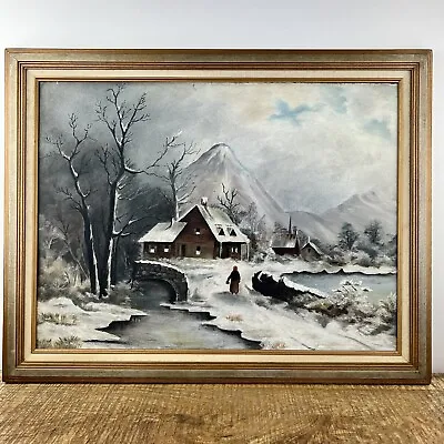 Antique Snow Landscape Oil Painting On Academy Board Mountain Cabin Scene 28” • $299.99