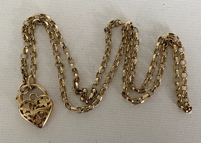 $750 • Buy 9ct Solid Yellow Gold Fancy Belcher Link Heart Padlock  Necklace    58 Cms   14g
