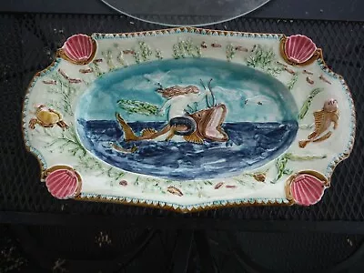 1880 French Majolica Platter  Charger Mermaid Riding Fish Sea Shells Rare • $795
