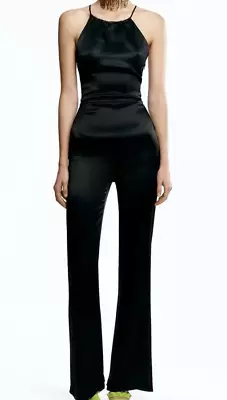 NWT Zara WOMEN'S FLARED SATIN EFFECT JUMPSUIT BLACK SIZE S 1165/332 • $35