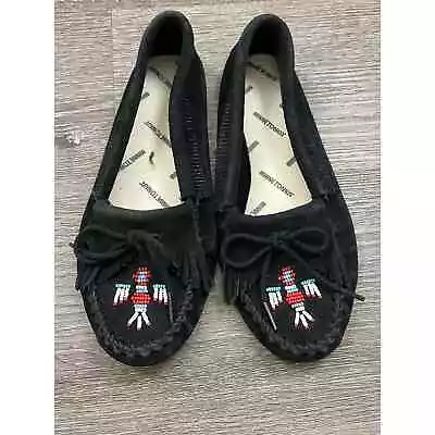 Minnetonka Black Suede Soft Sole Thunderbird Moccasin Size 7 Beaded • $42