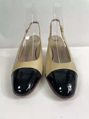 Delman  Beige Black Cap Toe Leather Patent Slingback Pumps Shoes SZ 10 • $24.99