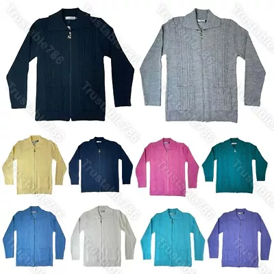 £19.99 • Buy Ladies Pattern Knitted Warm Cardigan Zip Up With Pockets  UK Made Size S-2XL