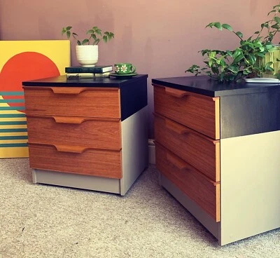 £245 • Buy Pair Mid Century Retro Bedside Tables Drawers Teak Upcycled MCM Austinsuite