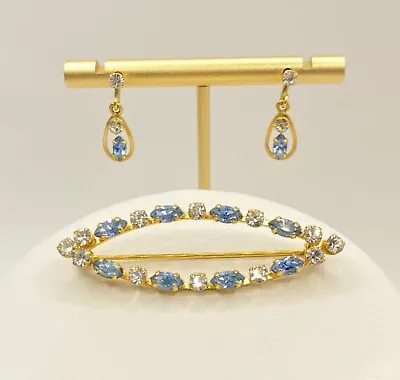 Van Dell 12k GF Pin And Earrings Set Blue And Clear Crystal Stones • $35