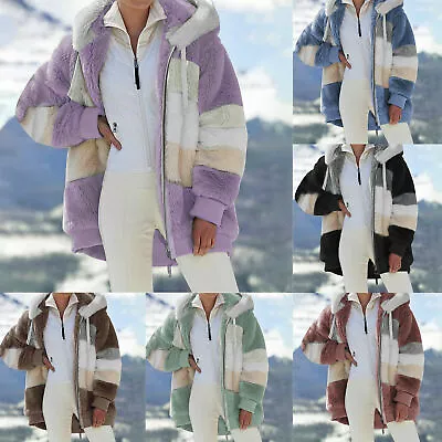 Women Winter Hoodie Loose Long Sleeve Jacket Plush Zipper Striped Thick Coat Top • $33.99