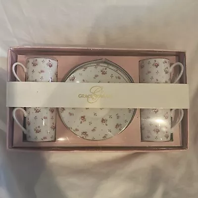 Grace's Teaware 8 Piece Tea Cup And Saucer Set Pink And White Rose Pattern • $0.99