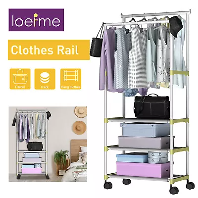 LEOFME 3 Tiers Clothes Rail 2 Poles Metal Material Shelve Small Luggage Storage • £9.99