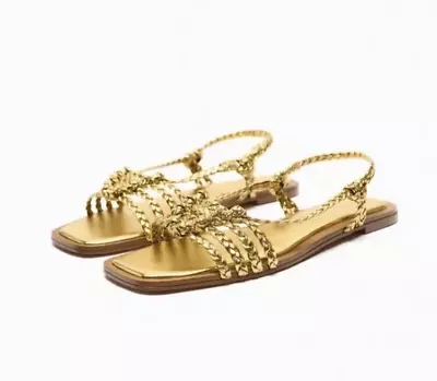 ZARA Metallic Gold Braided Sandals 38 • $29.99