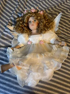 Porcelain Girl Angel Doll 10  - Sitting - Feather Wings - Barefoot - Curly Hair • $24.99