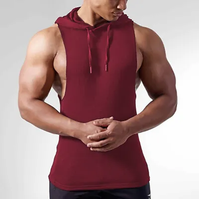 Men's Fitness Solid Color Sports Hooded Casual Sleeveless T-Shirt Hoodie • $23.42