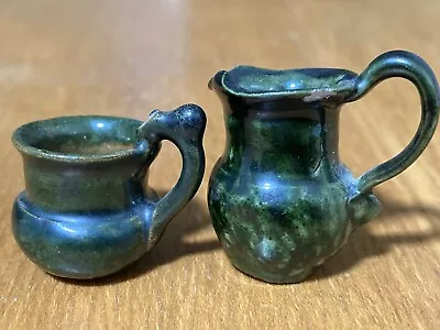 Two Artisan Dollhouse Miniature Stoneware Pottery Pitcher And Cup Primitive • $5