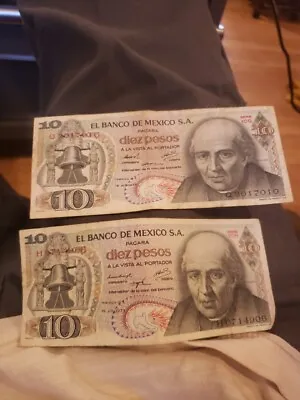 2 Mexican Bank Note: El Banco De Mexico S.A. 1973&1974 10 Pesos  • $4