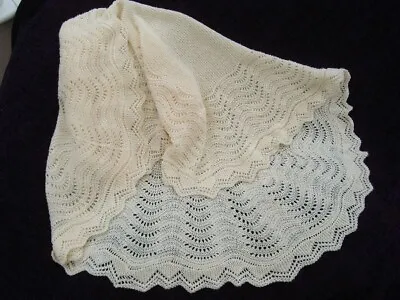 £42 • Buy Baby Shawl Hand Knitted Large Cream Square Lacy In Baby Soft Acrylic DK