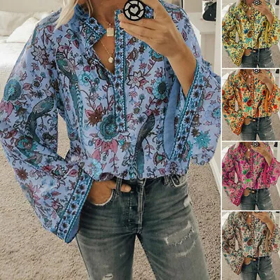 $23.49 • Buy Womens Peacock Floral Long Sleeve Tops Ladies Button Loose Casual Blouse T Shirt